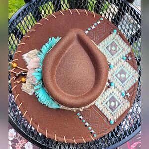 NWT  Brown Burned Fedora Cowdoy Hat With Genuine Leather Size OS